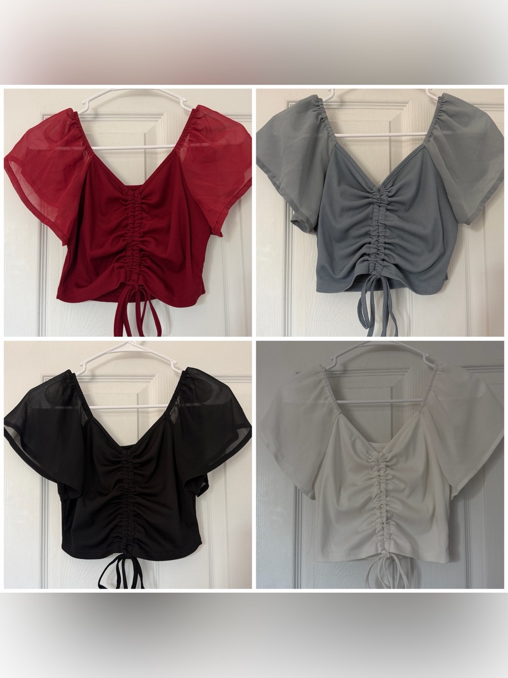 Women 4 Pcs Ruched Tie-Front Crop Top with Flutter Sleeves Size S!